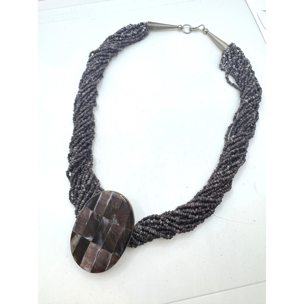 Vintage Multi Strand Seed Bead Necklace Mosaic Shell Pendant Grey Purple Boho